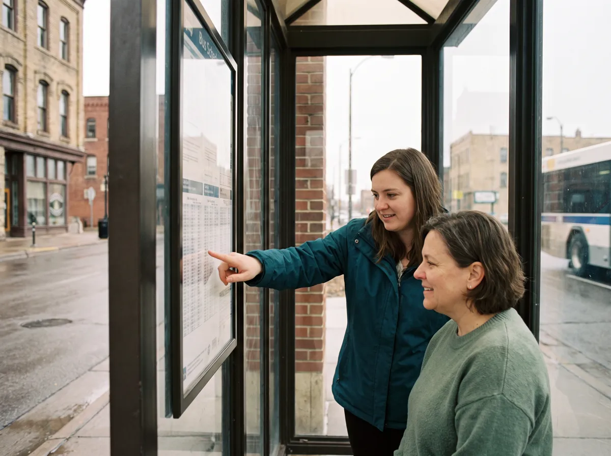 A support worker showing an adult how to read a bus route schedule at a Saint Paul transit shelter