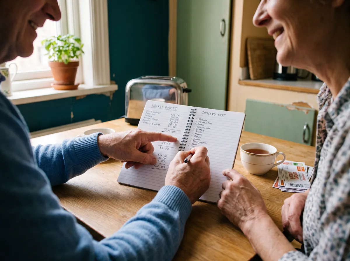 A support worker and a client reviewing a weekly budget and grocery list at a kitchen table