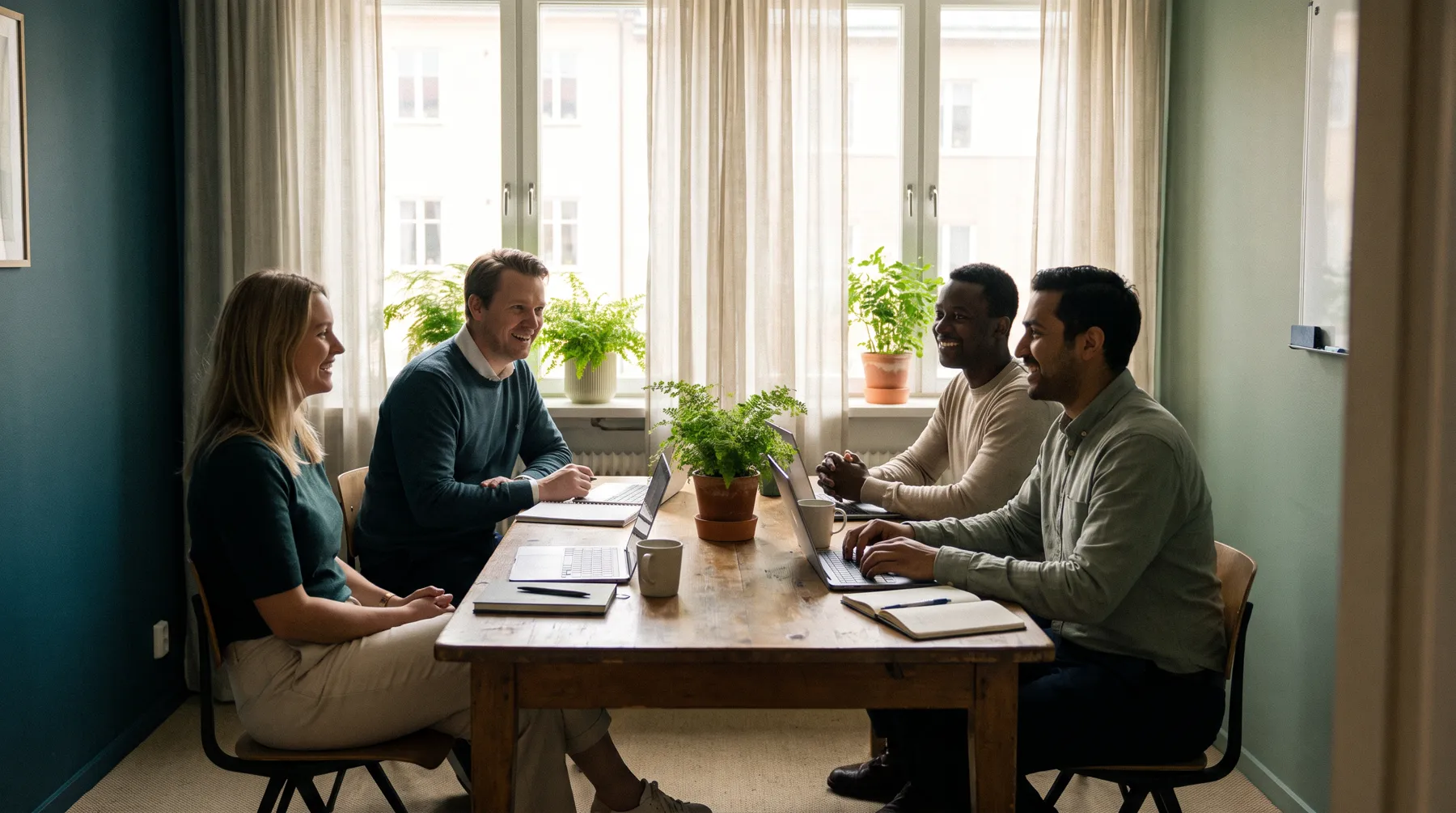 A small care team meeting around a wooden table in a sunlit office